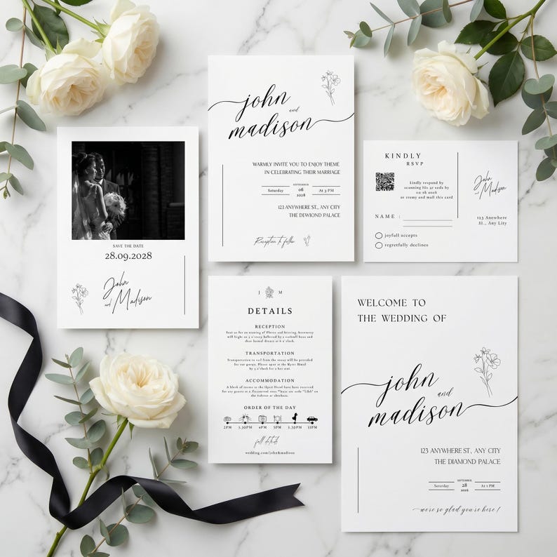 A modern minimalist wedding invitation suite designed with clean elegance, featuring a refined photo layout and coordinated invite set bundle. This digital download includes a details card with QR code RSVP, offering a seamless guest experience. Delivered as a fully editable DIY Canva template, this printable wedding stationery ensures a polished, modern elegant invite suite with instant download convenience.