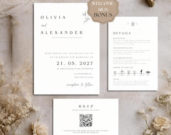 Plantillas minimalistas para invitaciones de boda, papelería para bodas, elegantes letreros de bienvenida para bodas, invitaciones de boda con código QR para confirmar asistencia.