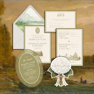 Könnte beinhalten: Ein Hochzeitspapeterie-Set mit einem Umschlag mit grüner Landschaftsauskleidung, einer Haupteinladung, einer Karte für die Willkommensparty und das Probedinner, einer ovalen Detailkarte und einer gestanzten Hortensien-Blumenstraußkarte.
