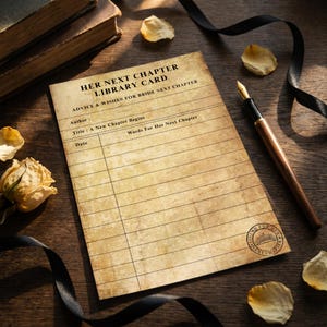 May include: A vintage-style library card with the text "HER NEXT CHAPTER LIBRARY CARD" and "ADVICE & WISHES FOR BRIDE NEXT CHAPTER". The card is on a wooden surface with a pen, dried flowers, and a black ribbon. The title "A New Chapter Begins" is visible.
