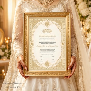 May include: A rectangular gold-toned ornate frame containing a marriage certificate with intricate gold filigree borders. The document features Arabic calligraphy at the top, followed by English text detailing a marriage agreement for Ibrahim Ali and Meryem Nour.