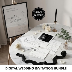 A modern minimalist wedding invitation suite designed with clean elegance, featuring a refined photo layout and coordinated invite set bundle. This digital download includes a details card with QR code RSVP, offering a seamless guest experience. Delivered as a fully editable DIY Canva template, this printable wedding stationery ensures a polished, modern elegant invite suite with instant download convenience.
