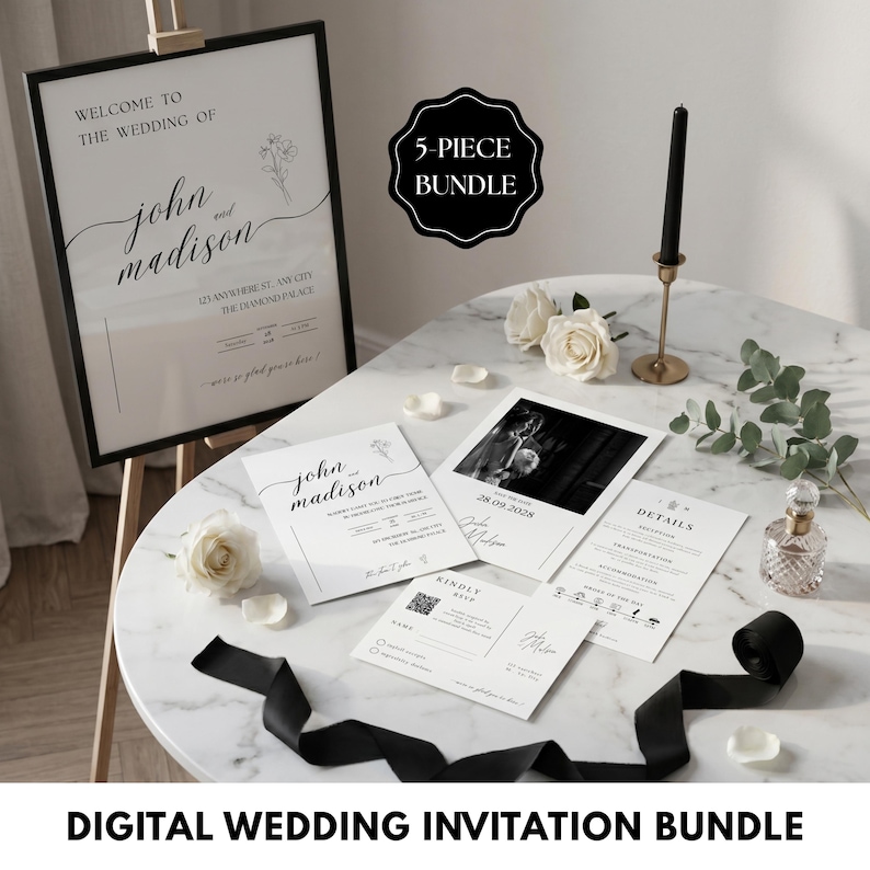 A modern minimalist wedding invitation suite designed with clean elegance, featuring a refined photo layout and coordinated invite set bundle. This digital download includes a details card with QR code RSVP, offering a seamless guest experience. Delivered as a fully editable DIY Canva template, this printable wedding stationery ensures a polished, modern elegant invite suite with instant download convenience.