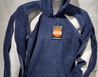 May include: A navy blue fleece hoodie with a large pocket on the front and two long zippers on each sleeve. The hoodie has a tag with the text "zeepwear" on it.