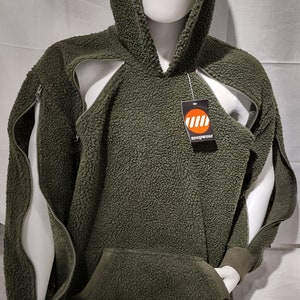 Hooded Sweatshirt with 4 strategically placed zippers in collar and in both sleeves to assist patients undergoing hemodialysis or chemo