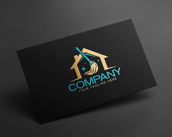 Cleaning Service Logo Design | Gold House Broom Janitorial Template | Premade Modern Home Cleaning Branding