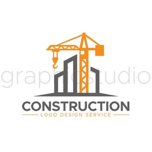 May include: A logo design featuring an orange construction crane positioned over gray stylized building outlines. The text reads CONSTRUCTION LOGO DESIGN SERVICE in gray and orange, with the word graphstudio in light gray in the background.