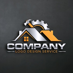 Puede incluir: Un diseño de logotipo 3D con una silueta de casa con un martillo y un engranaje, en plata y naranja. La palabra "COMPANY" está en plata, con "LOGO DESIGN SERVICE" debajo. El fondo es una superficie texturizada gris oscuro.