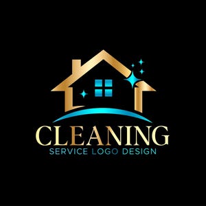 May include: A gold and blue logo design for a cleaning service. The logo features a stylized house with a gold roof and blue windows, above the word "CLEANING" in gold, with "SERVICE LOGO DESIGN" below.