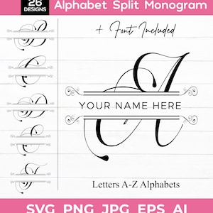 Peut inclure: Un design numérique avec un monogramme divisé de l'alphabet avec 26 modèles. Le design comprend le texte "Alphabet Split Monogram" et "+ Font Included". Les lettres A-Z sont disponibles. Les formats de fichiers incluent SVG, PNG, JPG, EPS et AI.