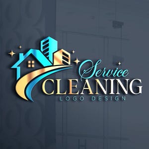 May include: A logo design for a cleaning service. The logo features a house and buildings in shades of blue and gold, with the words "Service Cleaning Logo Design" in a stylized font. The design includes starburst accents.