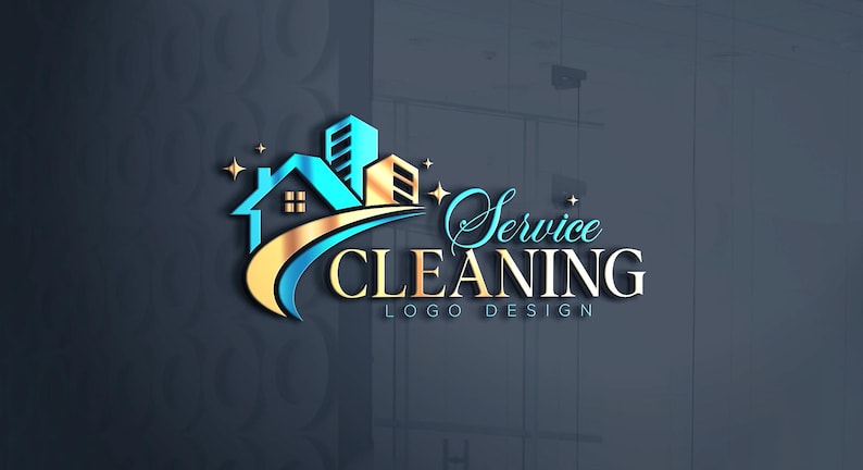 May include: A logo design for a cleaning service. The logo features a house and buildings in shades of blue and gold, with the words "Service Cleaning Logo Design" in a stylized font. The design includes starburst accents.