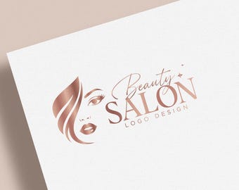 Logotipo de salón de belleza en oro rosa / Diseño de cabello femenino / Imagen de marca para maquilladores / Logotipo de lujo prediseñado / Plantilla para negocios de pestañas y cuidado de la piel