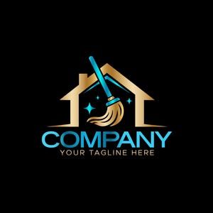 May include: A logo for a cleaning company featuring a house silhouette in gold with a blue and gold mop. The word "COMPANY" is in blue, with "YOUR TAGLINE HERE" below it, all on a black background.