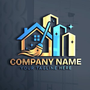 May include: A 3D logo design featuring a house and skyscraper silhouette in metallic gold and blue. A broom icon is integrated into the center. The text COMPANY NAME appears in gold, with YOUR TAGLINE HERE in blue underneath the graphic elements.