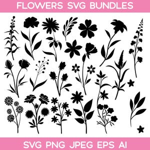 Puede incluir: Conjunto de archivos SVG de flores negras con diversas siluetas florales. La imagen incluye diferentes tipos de flores, hojas y tallos. El texto superior dice "FLOWERS SVG BUNDLES" y el inferior "SVG PNG JPEG EPS AI".