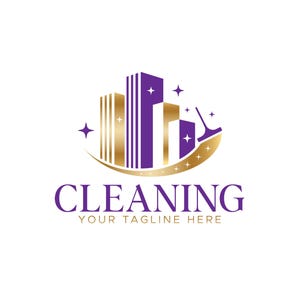 Pode incluir: Um logotipo para um serviço de limpeza com edifícios dourados e roxos, uma ferramenta de limpeza e estrelas. A palavra "CLEANING" está em roxo, com "YOUR TAGLINE HERE" abaixo. O banner superior diz "100% Free Edit: Text & Colors".