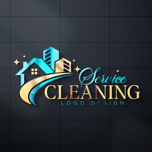 May include: A 3D logo design for a cleaning service. The logo features a house and buildings in teal and gold, with the words "Service Cleaning Logo Design" in a stylized font. The background is a dark, textured surface.