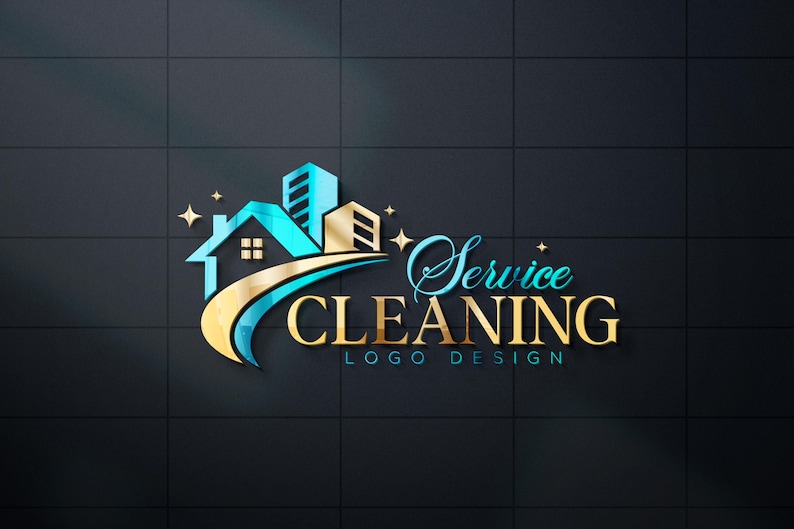 May include: A 3D logo design for a cleaning service. The logo features a house and buildings in teal and gold, with the words "Service Cleaning Logo Design" in a stylized font. The background is a dark, textured surface.