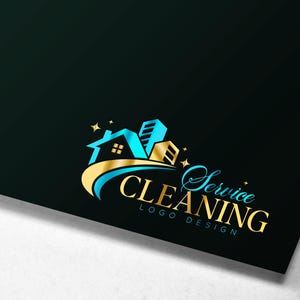 May include: A logo design for a cleaning service. The design features a house and buildings in blue and gold, with the words "Service Cleaning" and "Logo Design" in gold and teal against a dark background.