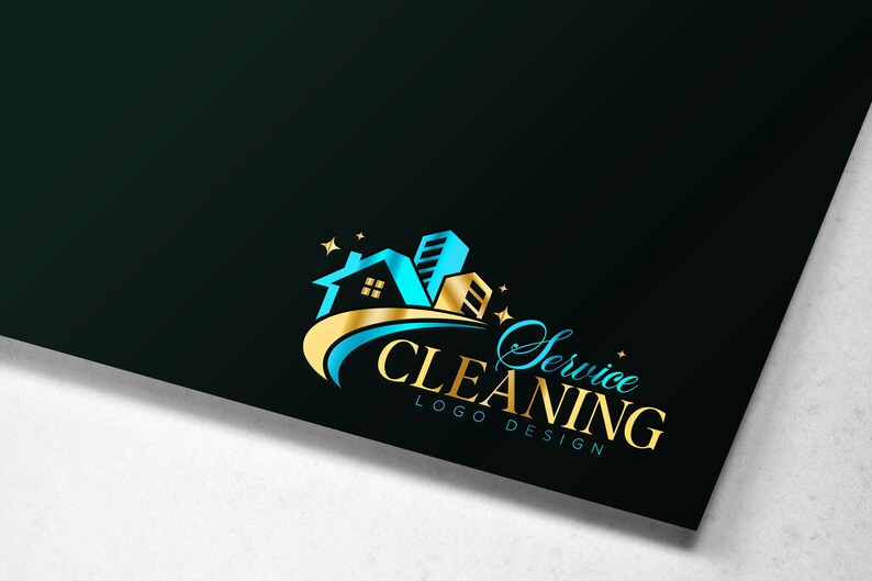 May include: A logo design for a cleaning service. The design features a house and buildings in blue and gold, with the words "Service Cleaning" and "Logo Design" in gold and teal against a dark background.