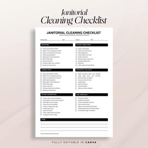Könnte beinhalten: Eine weiße Reinigungs-Checkliste mit schwarzem Text. Sie enthält Abschnitte für Toiletten, Küche, Gemeinschaftsbereiche, Eingänge, Büros und Endkontrolle, mit Kontrollkästchen für Aufgaben sowie Zeilen für Einrichtungsname, Datum und Unterschriften.