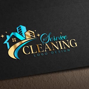 May include: A logo design for a cleaning service, featuring a house and buildings in teal and gold. The words "Service CLEANING LOGO DESIGN" are displayed in a stylized font against a black background.