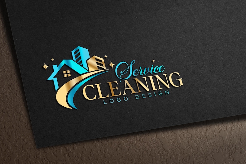 May include: A logo design for a cleaning service, featuring a house and buildings in teal and gold. The words "Service CLEANING LOGO DESIGN" are displayed in a stylized font against a black background.