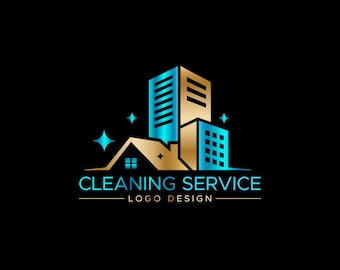Modern Cleaning Service Logo Design | Gold & Blue House Building Logo | Premade Business Branding Template