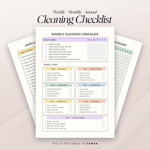 Peut inclure: Un document de liste de contrôle de nettoyage imprimable présentant un planning hebdomadaire avec des tâches quotidiennes, des corvées par pièce du lundi au dimanche et une section de réinitialisation annuelle avec des cases à cocher.