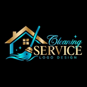 May include: A logo design for a cleaning service, featuring a house silhouette with a gold roof and blue walls. A blue broom is positioned next to the house. The words "Cleaning SERVICE LOGO DESIGN" are written in gold and blue.