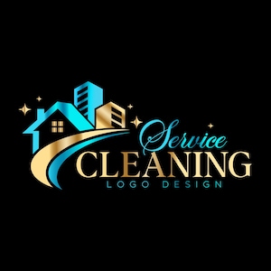 Pode incluir: Um design de logotipo para um serviço de limpeza, apresentando uma casa e edifícios em verde-azulado e dourado, com uma linha dourada e verde-azulado curva. As palavras "Service CLEANING" estão em verde-azulado e dourado, com "LOGO DESIGN" abaixo.