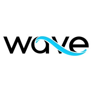 May include: The word "wave" in black font with a stylized blue wave graphic replacing the "a". The wave graphic is a curved line with a splash at the top and bottom, set against a white background.