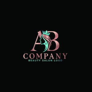 May include: A beauty salon logo featuring the letters "AB" in a rose gold color, with a silhouette of a woman's profile wearing a crown. The word "COMPANY" is below the letters, and "BEAUTY SALON LOGO" is below that, all in rose gold.