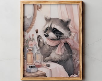 Whimsical Raccoon Printable Art, Cottagecore Animal Illustration, Girls Room Decor