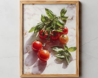 May include: A framed print featuring a still life of ripe red tomatoes and green basil leaves. The tomatoes are clustered together, with some individual ones scattered around. The print has a light wood frame and is set against a marble background.