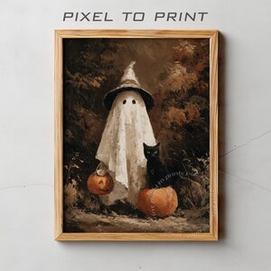 Może przedstawiać: Oprawiony obraz o tematyce Halloween. Przedstawia ducha w kapeluszu czarownicy trzymającego dynię z twarzą. Czarny kot siedzi na dyni. Grafika ma styl vintage i ciemną, jesienną paletę kolorów. Tekst "PIXEL TO PRINT" znajduje się u góry.