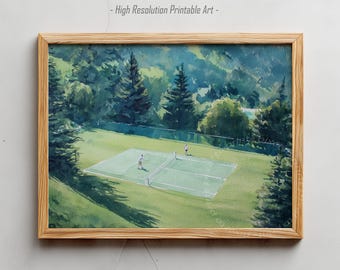 Tennis Court Wall Art Printable Country Club Landscape Painting Digital Download Sports Decor