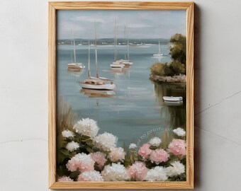 Sailboats & Hydrangeas Coastal Print | Nautical Pink Decor | Digital Download |