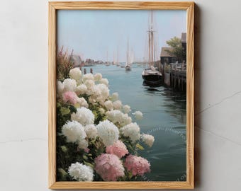 Sailboats & Hydrangeas Coastal Print | Nautical Pink Decor | Digital Download |