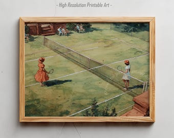 Vintage Tennis Wall Art Printable Retro Match Painting Digital Download Classic Sports Decor Print