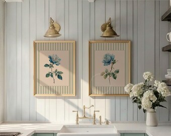 Striped rose Wall Art Set - French Country Floral Prints, Vintage Nancy Meyers Grandmillennial Decor