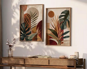 Abstract Palm Leaf Duo Wall Art | Boho Botanical Earth Tone Prints (Digital Download)
