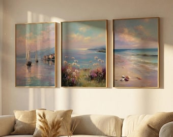 Coastal Wall Art Set of 3 Printable, Seascape Triptych, Soft Pastel Ocean Decor