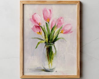 Quadro stampabile con tulipani rosa ad acquerello, download digitale, decorazione botanica primaverile per la camera da letto.