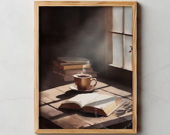 Coffee and Book Still Life, Sunlit Reading Nook Art, Printable