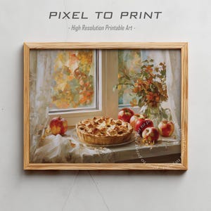 Puede incluir: Impresión enmarcada que presenta una naturaleza muerta con una tarta de manzana, manzanas rojas y un jarrón de flores cerca de una ventana. La obra de arte tiene una paleta de colores cálidos y el texto "PIXEL TO PRINT - High Resolution Printable Art -" es visible.