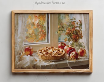 Autumn Apple Pie Painting, Colorful Fall Foliage Window, Printable