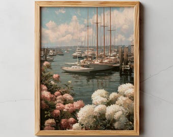Luxury Marina Yacht Harbor Printable Elegant Coastal Digital Download Waterfront Wall Decor Landscape Artwork
