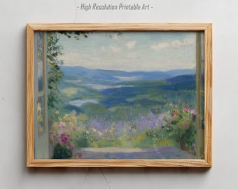 Imprimé country été | Décoration de chambre à coucher Cottagecore | Peinture de paysage floral rustique | Art mural imprimable vintage